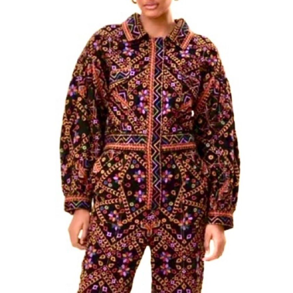 NEW RARE FARM Rio Embroidered Long Sleeve Jumpsuit Corduroy Floral Black $495 XL - Picture 3 of 16